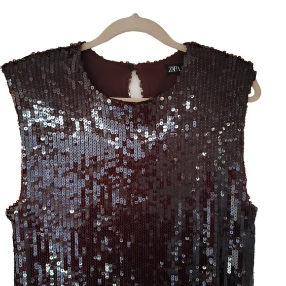 𝅺NWT Zara brown sequin sleeveless straight cut party evening midi dress - Picture 6 of 10